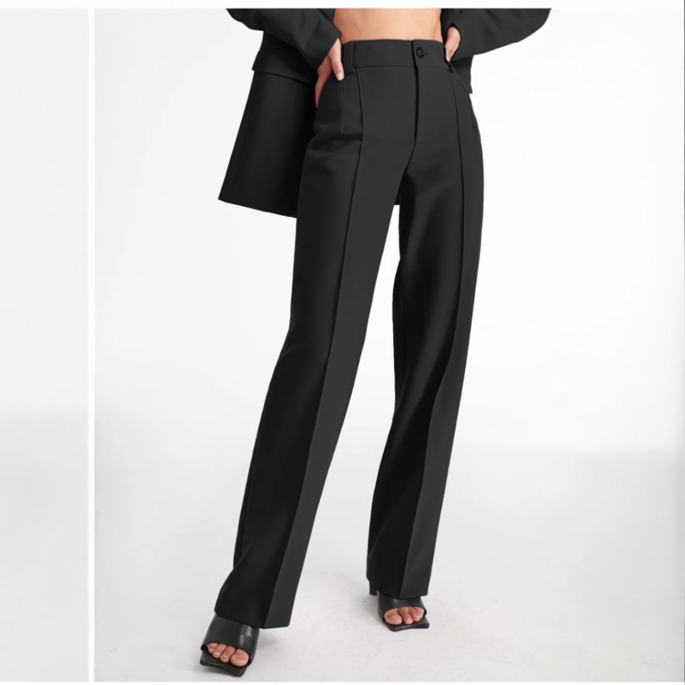 Commense Black Small High Waist Pleat Front Straight Leg Business Trouser Pants
